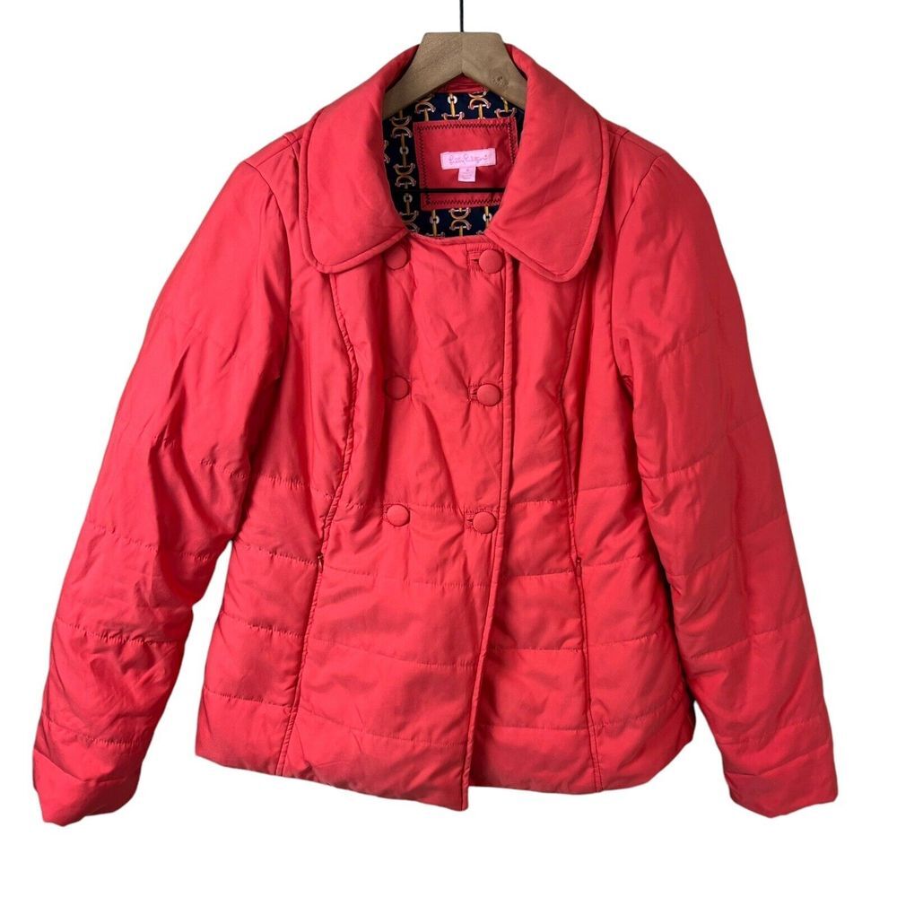 Lilly Pulitzer Womens 8 Coral Polyester Nylon Double Breast Quilted Puffer Coat